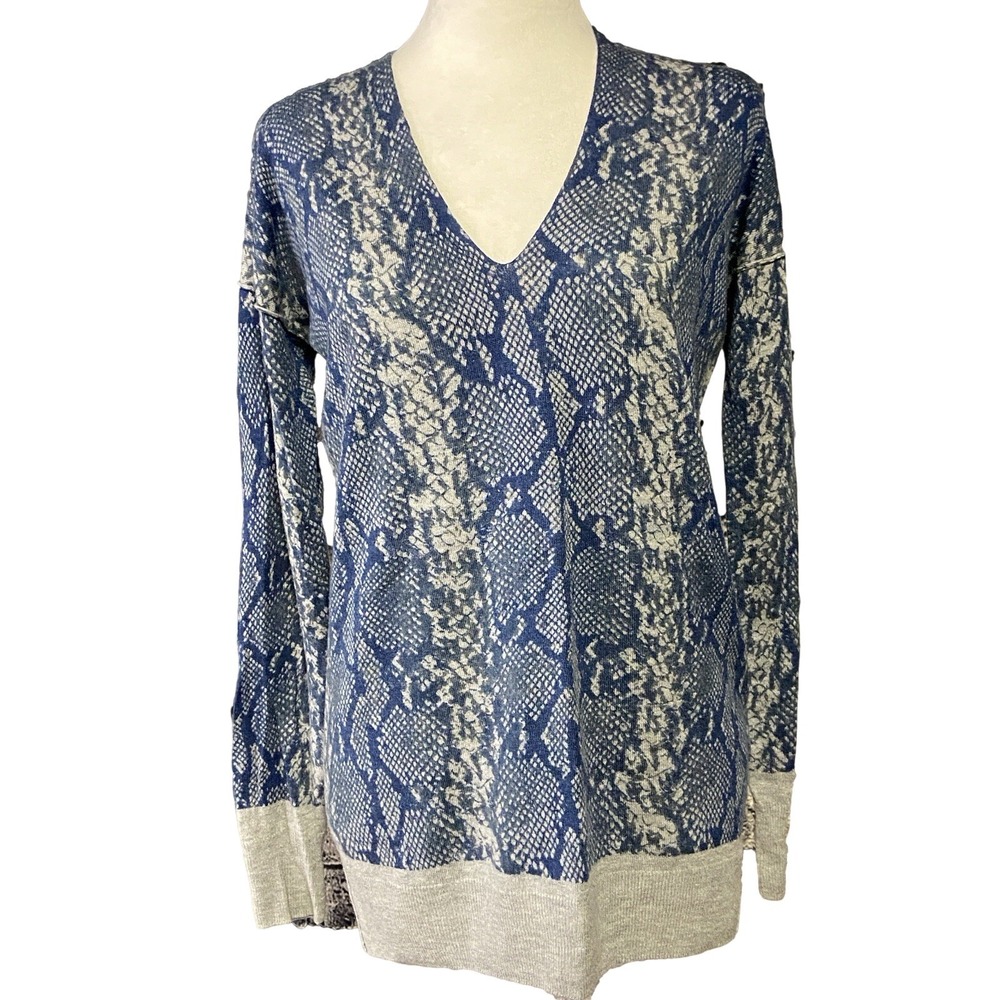 Rebecca Taylor Sweater Womens XS Blue Snake Print V Neck Tunic Knit Lightweight